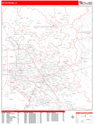Baton Rouge Wall Map Zip Code Red Line Style 2024